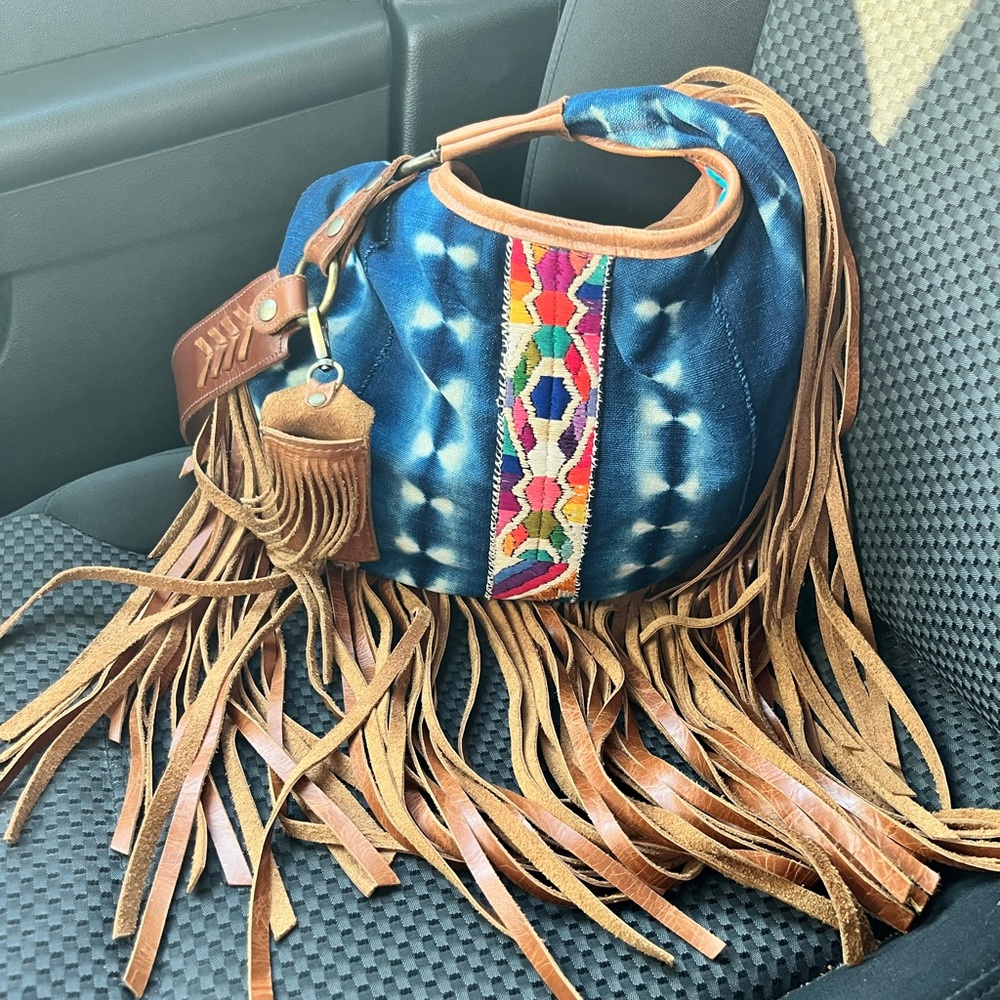 Artisan Fringe Blue and Tan Shoulder Bag